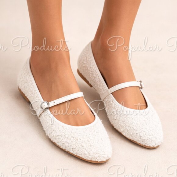 No Boundaries Shoes - Faux Shearling Mary Jane Flats, White